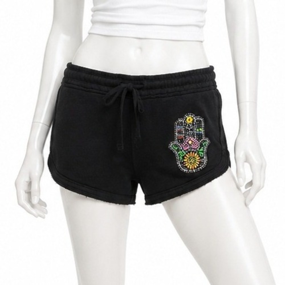 Boxercraft Womens Shorts Black Rhinestone Hamsa Hand Fleece Lounge L